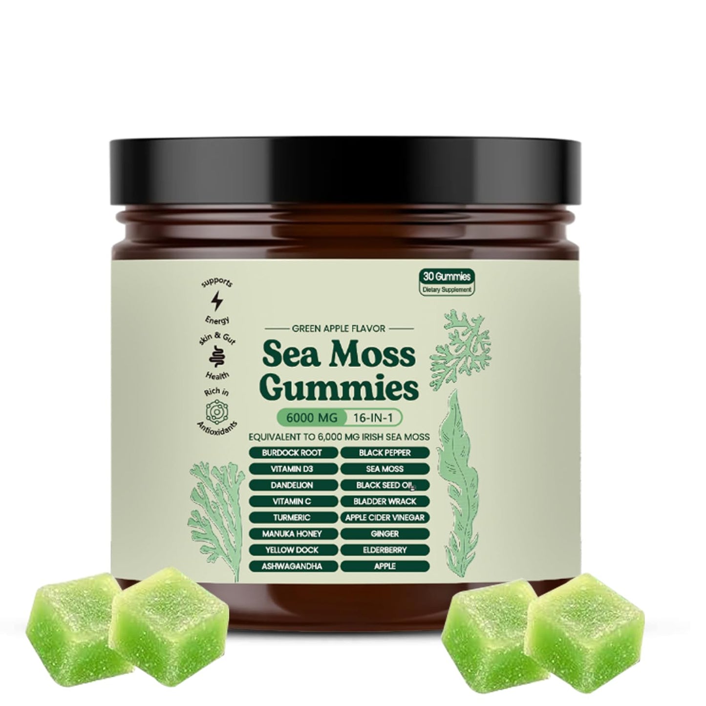 Sea Moss Gummies 16-in-1 – High-Potency Blend with Black Seed Oil, Vitamin C & D3 (Green Apple)