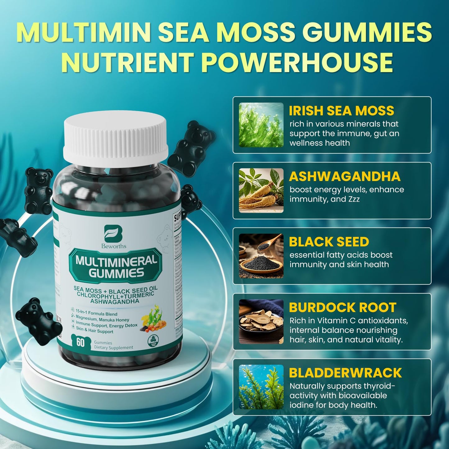 Sea Moss Gummies with Ashwagandha & Chlorophyll – Immune, Digestive & Gut Detox Support | Vegan, Non-GMO, Apple Flavor, 120 Gummies