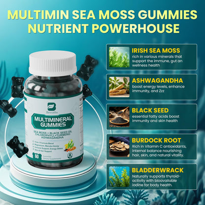 Sea Moss Gummies with Ashwagandha & Chlorophyll – Immune, Digestive & Gut Detox Support | Vegan, Non-GMO, Apple Flavor, 120 Gummies