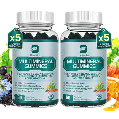 Sea Moss Gummies with Ashwagandha & Chlorophyll – Immune, Digestive & Gut Detox Support | Vegan, Non-GMO, Apple Flavor, 120 Gummies
