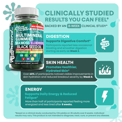 Sea Moss Gummies | Clinically Tested Vegan Irish Sea Moss Gummy Vitamins with Black Seed Oil, Ashwagandha, Elderberry, Burdock Root, Chlorella & Manuka Honey | Green Apple Flavor