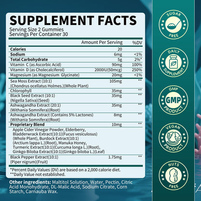 Sea Moss Gummies with Ashwagandha & Chlorophyll – Immune, Digestive & Gut Detox Support | Vegan, Non-GMO, Apple Flavor, 120 Gummies