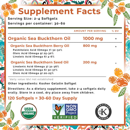 SeabuckWonders Organic Sea Buckthorn Oil Softgels – Omega-7, 120 Count, 1000mg