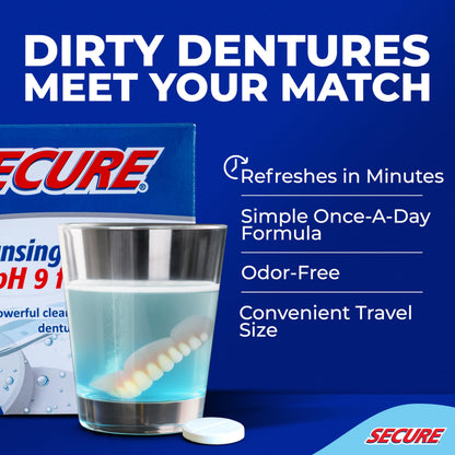 Secure pH 9 Denture Cleaner Tablets – For Dentures, Retainers & Nightguards (32 Count, 3-Pack)