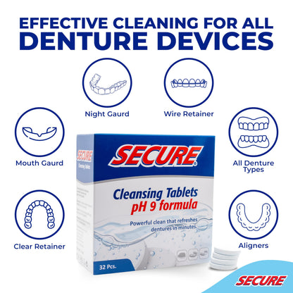 Secure Daily Cleansing Tablets – pH 9 Denture Cleaner | 32 Tablets (2 Pack)