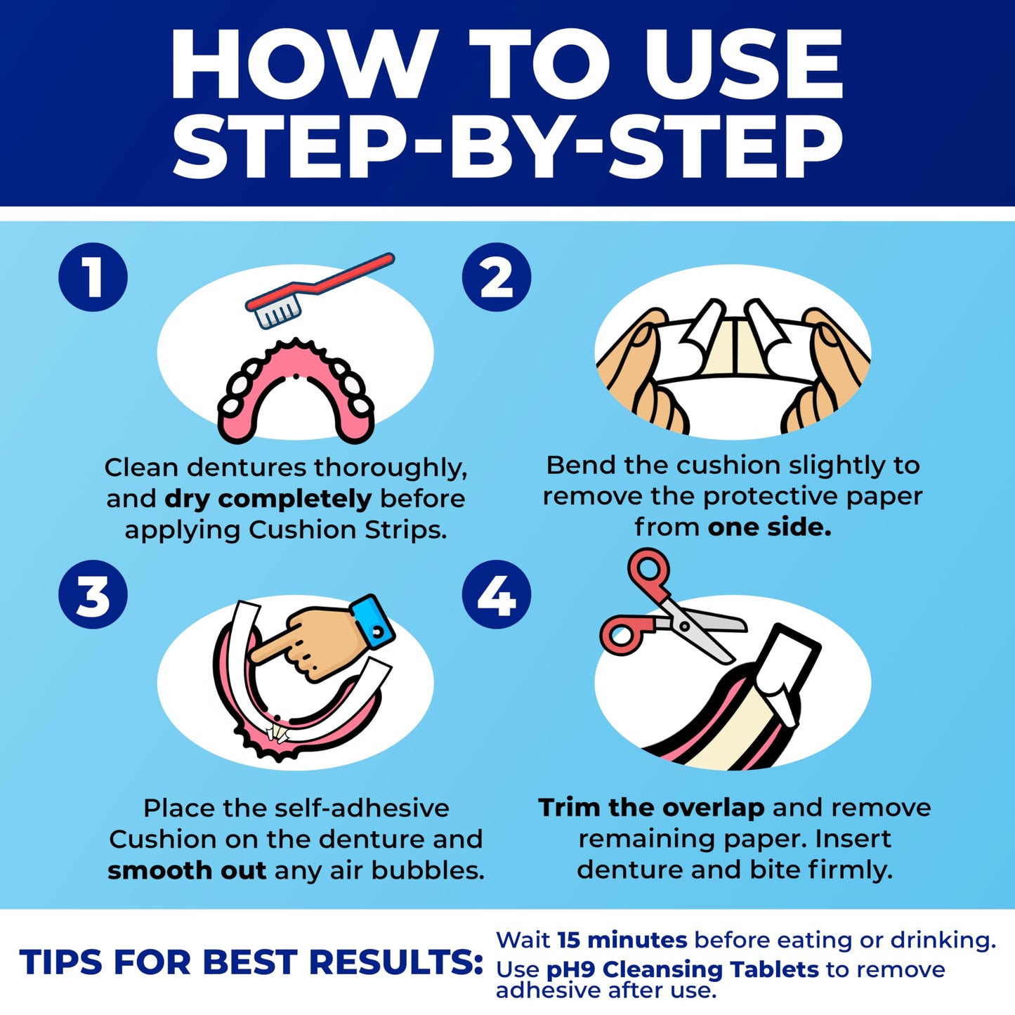 Secure Denture Adhesive Strips – Zinc Free, Waterproof, All-Day Hold – 45 Strips (3 Pack)