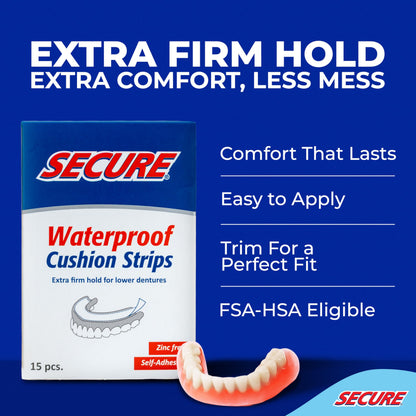 Secure Denture Adhesive Strips – Zinc-Free, Waterproof, All-Day Hold | 60 Strips (4 Pack)