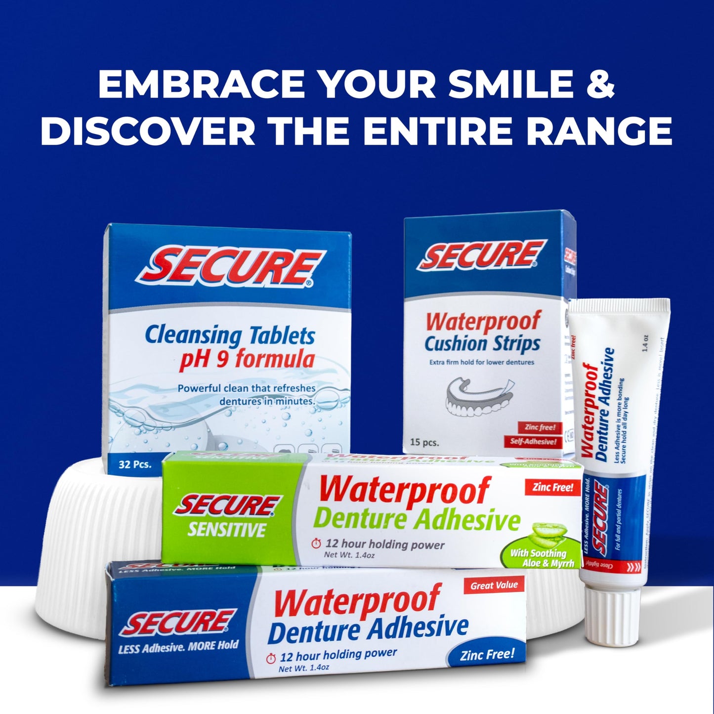 Secure Waterproof Denture Adhesive - Zinc Free - Extra Strong 12 Hour Hold - 1.4 oz (Pack of 4)