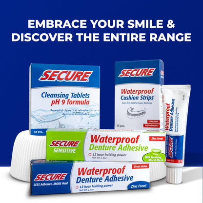 Secure Waterproof Denture Adhesive - Zinc Free - Extra Strong 12 Hour Hold - 1.4 oz (Pack of 4)
