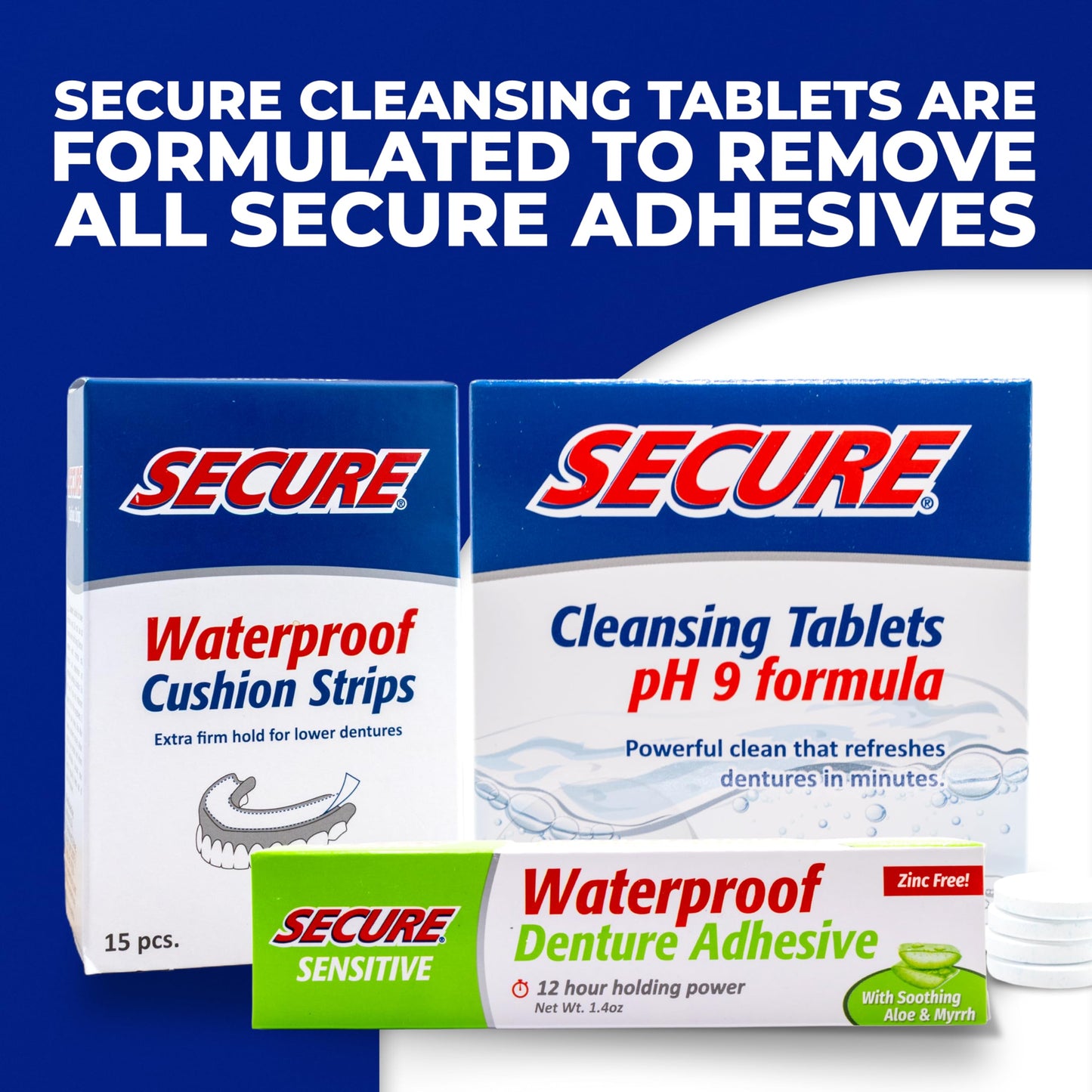 Secure Waterproof Denture Adhesive for Sensitive Gums – Zinc Free, Aloe Vera & Myrrh, 12-Hour Hold (1.4 oz)