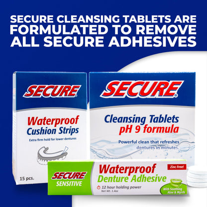 Secure Waterproof Denture Adhesive for Sensitive Gums – Zinc Free, Aloe Vera & Myrrh, 12-Hour Hold (1.4 oz)