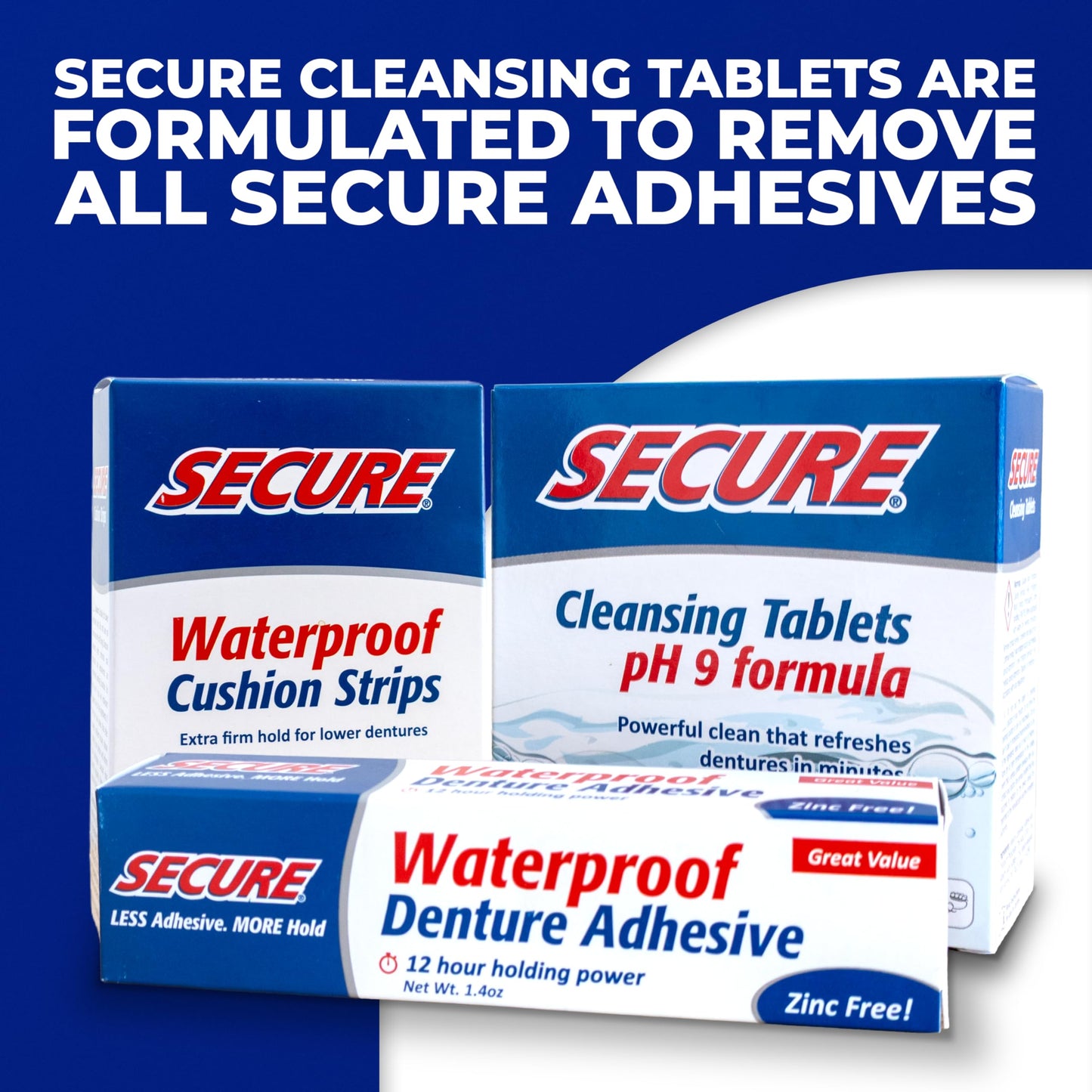 Secure Waterproof Denture Adhesive - Zinc-Free, Extra Strong Hold (1.4 oz, Pack of 8)