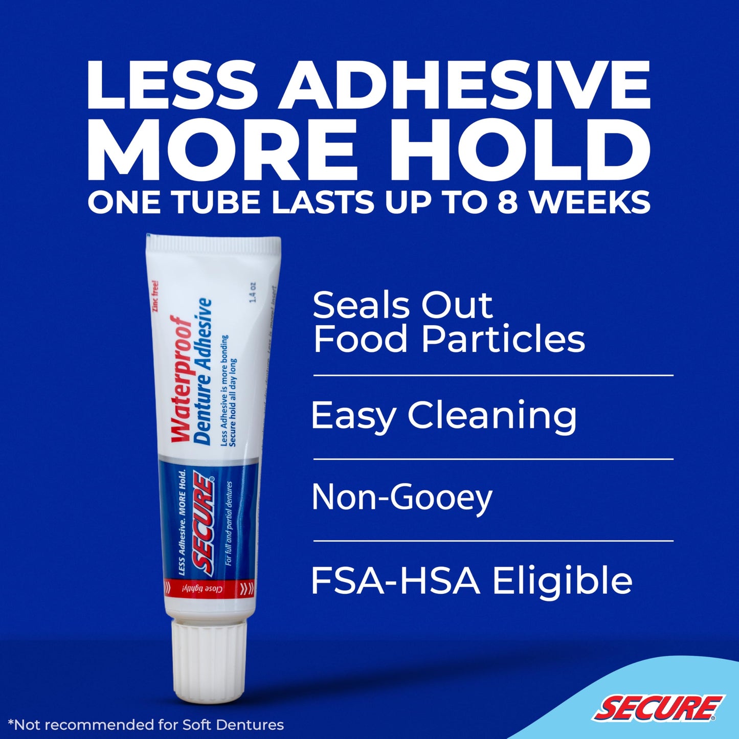 Secure Waterproof Denture Adhesive - Zinc Free - Extra Strong 12 Hour Hold - 1.4 oz (Pack of 4)