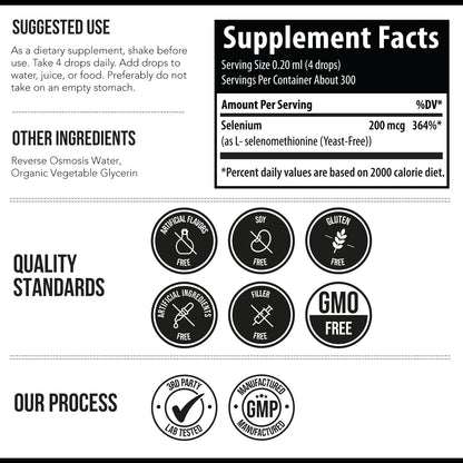 Selenium 200 mcg Selenomethionine - Sublingual Drops, 300 Servings (Vegan) - 2 oz
