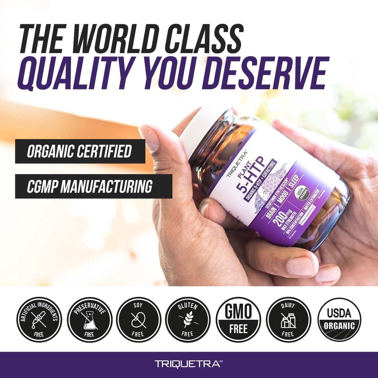 Organic 5-HTP 200mg, 99% Purity, B6 & Lion's Mane – 60 Capsules