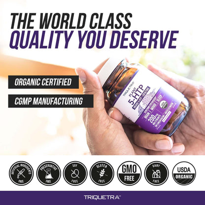 Organic 5-HTP 200mg, 99% Purity, B6 & Lion's Mane – 60 Capsules