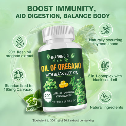 SHAPEINGIRL Oil of Oregano with Black Seed Oil – Organic Oregano Oil Supplement, 400 Softgels, High Potency Carvacrol & Thymoquinone, Non-GMO, Immune Support, Digestive & Respiratory Health