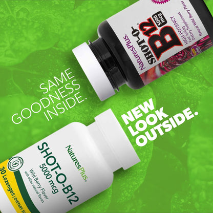 NaturesPlus Shot-O-B12-30 Lozenges, Wild Berry Flavor - 5000 mcg - Vegan, Gluten Free - 30 Servings