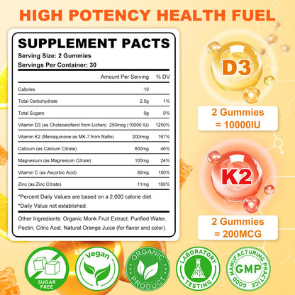 Sijigood Vitamin D3 K2 Gummies – 10,000 IU D3, 6-in-1 Bone & Immune Support