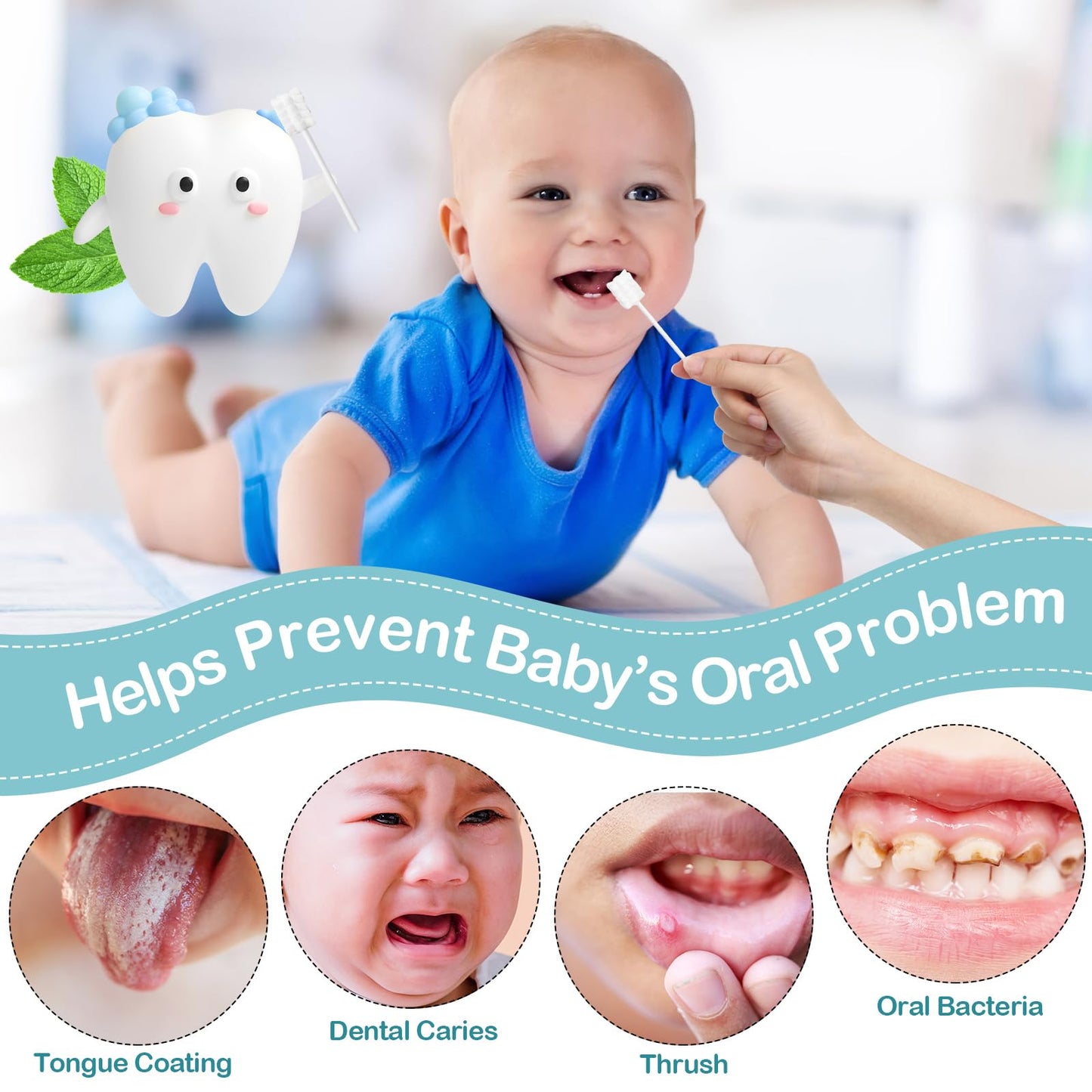 Singhoow 200Pcs Baby Tongue Cleaners + 4 Finger Toothbrushes - Disposable Gauze (Blue)