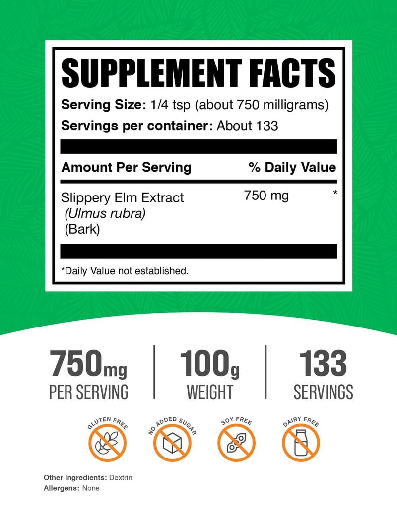 Slippery Elm Bark Extract Powder 750mg - Gluten Free (100g) | BulkSupplements