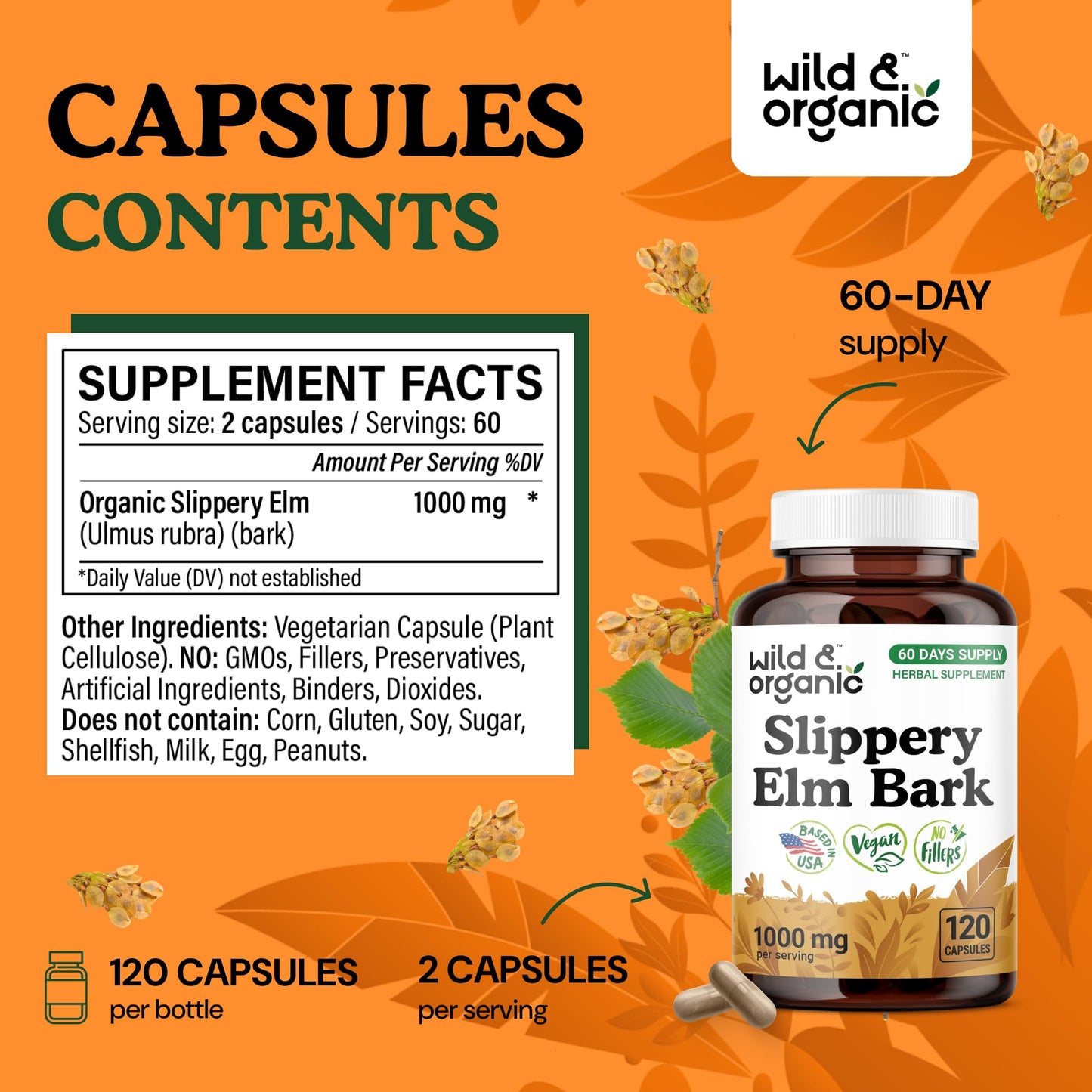 Wild & Organic Slippery Elm Bark Capsules 1000 mg – 120 Count | Digestive, Lung & Women's Support | Vegan, Non-GMO