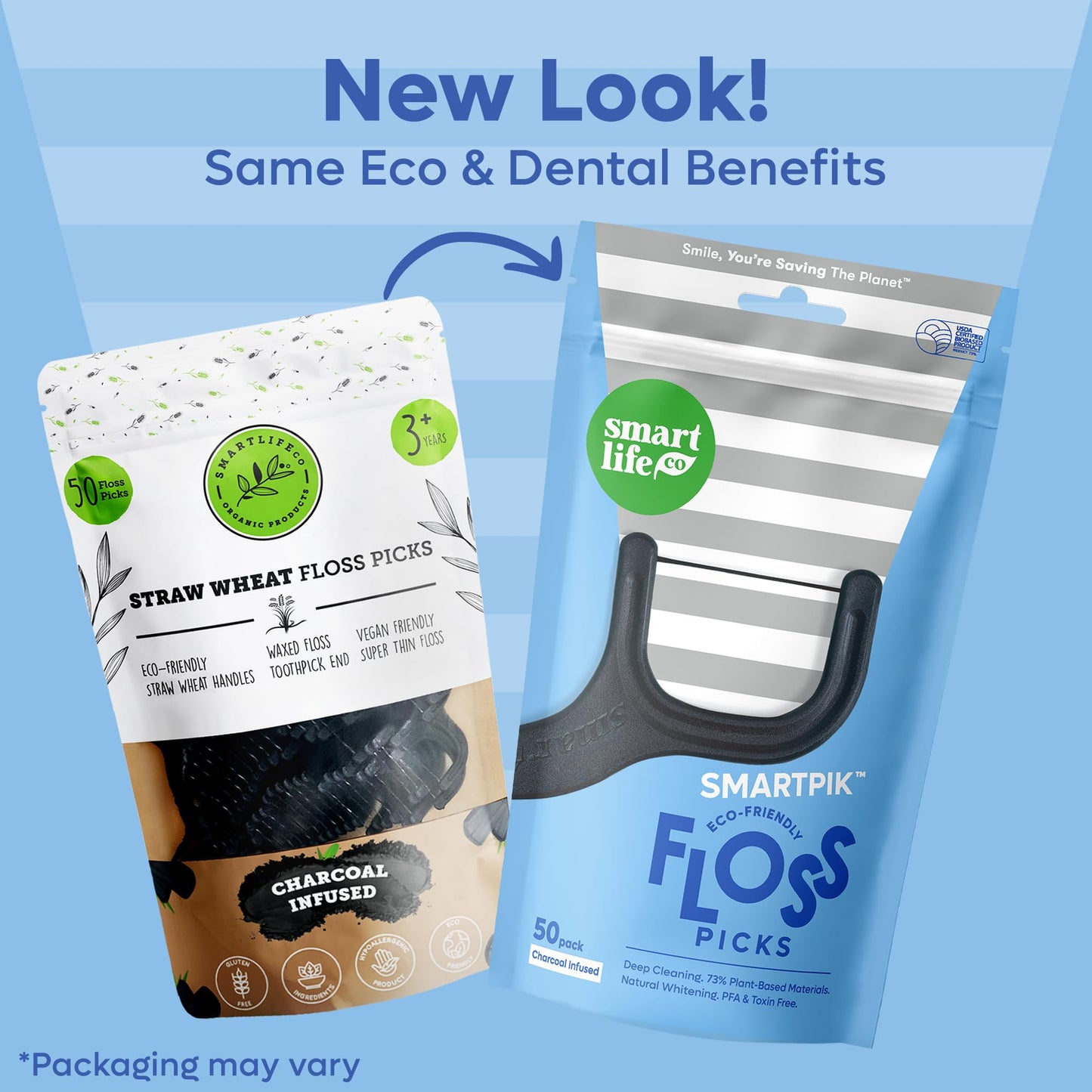 SmartLifeco Eco-Friendly Dental Floss Picks (200ct) - Straw Wheat Blend & Bamboo Charcoal
