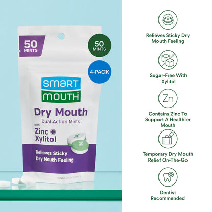 SmartMouth Dry Mouth Dual-Action Mints - Sugar-Free (50 Count, 4 Pack) - Mellow Mint