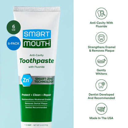 SmartMouth Premium Toothpaste - Elite Oral Health Protection, 6 oz (5 Pack)