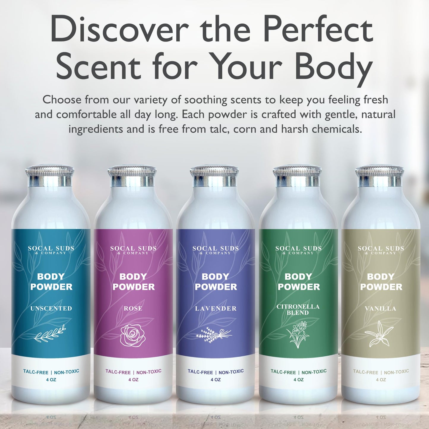 SoCal Suds & Company - Natural Body Powder Talc-Free with Arrowroot, Kaolin & Aspen Bark Extract - Vanilla 4oz