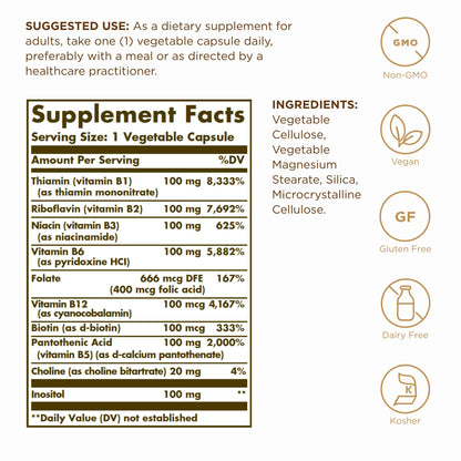 Solgar B-Complex 100 - 50 Veg Capsules (50 Servings) | Nervous System Support, Energy Metabolism, Non-GMO, Vegan, Gluten Free, Dairy Free, Kosher