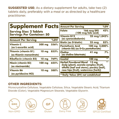 Solgar B-Complex with Vitamin C - 100 Tablets - Non-GMO, Vegan, Kosher & Gluten Free - 50 Servings