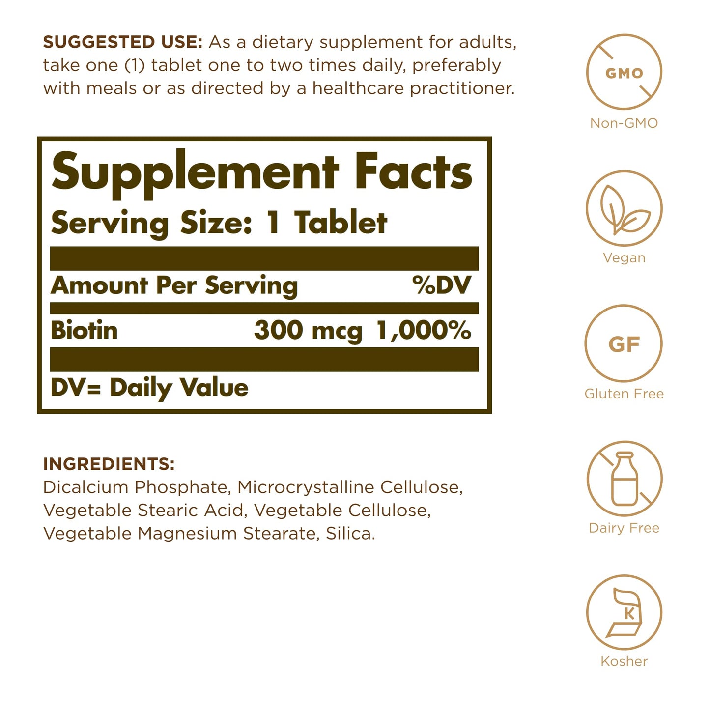 Solgar Biotin 300 mcg - 100 Tablets - Supports Skin, Nails & Hair - Non-GMO, Vegan, Gluten Free, Dairy Free, Kosher - 100 Servings
