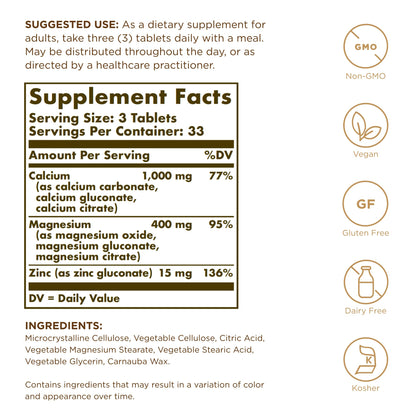 Solgar Calcium Magnesium Plus Zinc – 3-Pack (300 Tablets) for Bone & Nerve Health