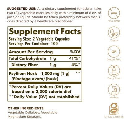 Solgar Psyllium Husks Fiber 500 mg - 200 Veg Capsules | Non-GMO & Vegan