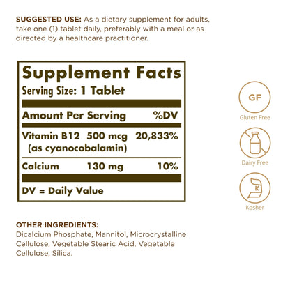 Solgar Vitamin B12 500 mcg – 100 Tablets (Pack of 2) – Vegan, Gluten Free, Dairy Free, Kosher
