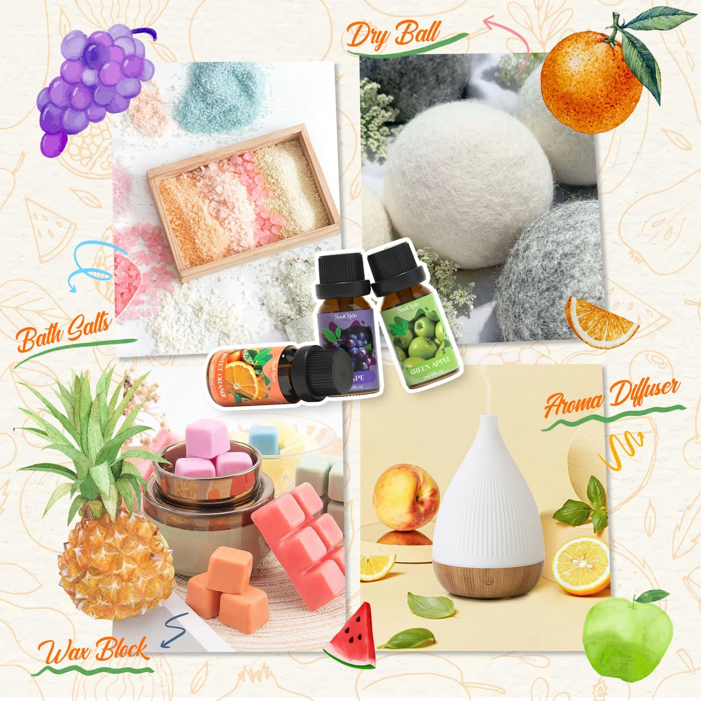 Soulorigin Fruit Essential Oils Set – 6 Fragrance Oils for Diffuser & Candle Making (Pineapple, Sweet Orange, Grape, Green Apple, Blueberry, Watermelon)