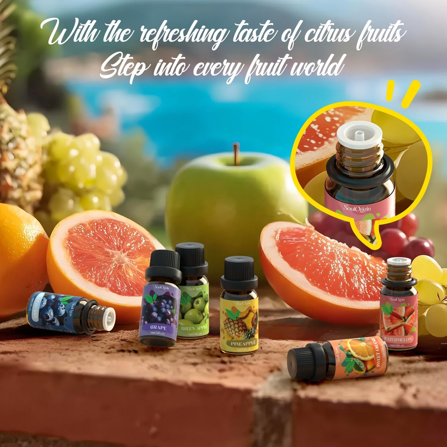 Soulorigin Fruit Essential Oils Set – 6 Fragrance Oils for Diffuser & Candle Making (Pineapple, Sweet Orange, Grape, Green Apple, Blueberry, Watermelon)