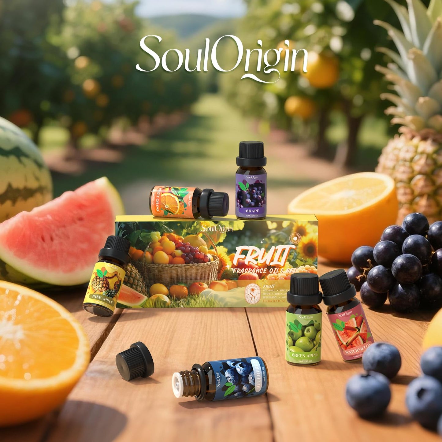 Soulorigin Fruit Essential Oils Set – 6 Fragrance Oils for Diffuser & Candle Making (Pineapple, Sweet Orange, Grape, Green Apple, Blueberry, Watermelon)