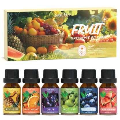 Soulorigin Fruit Essential Oils Set – 6 Fragrance Oils for Diffuser & Candle Making (Pineapple, Sweet Orange, Grape, Green Apple, Blueberry, Watermelon)