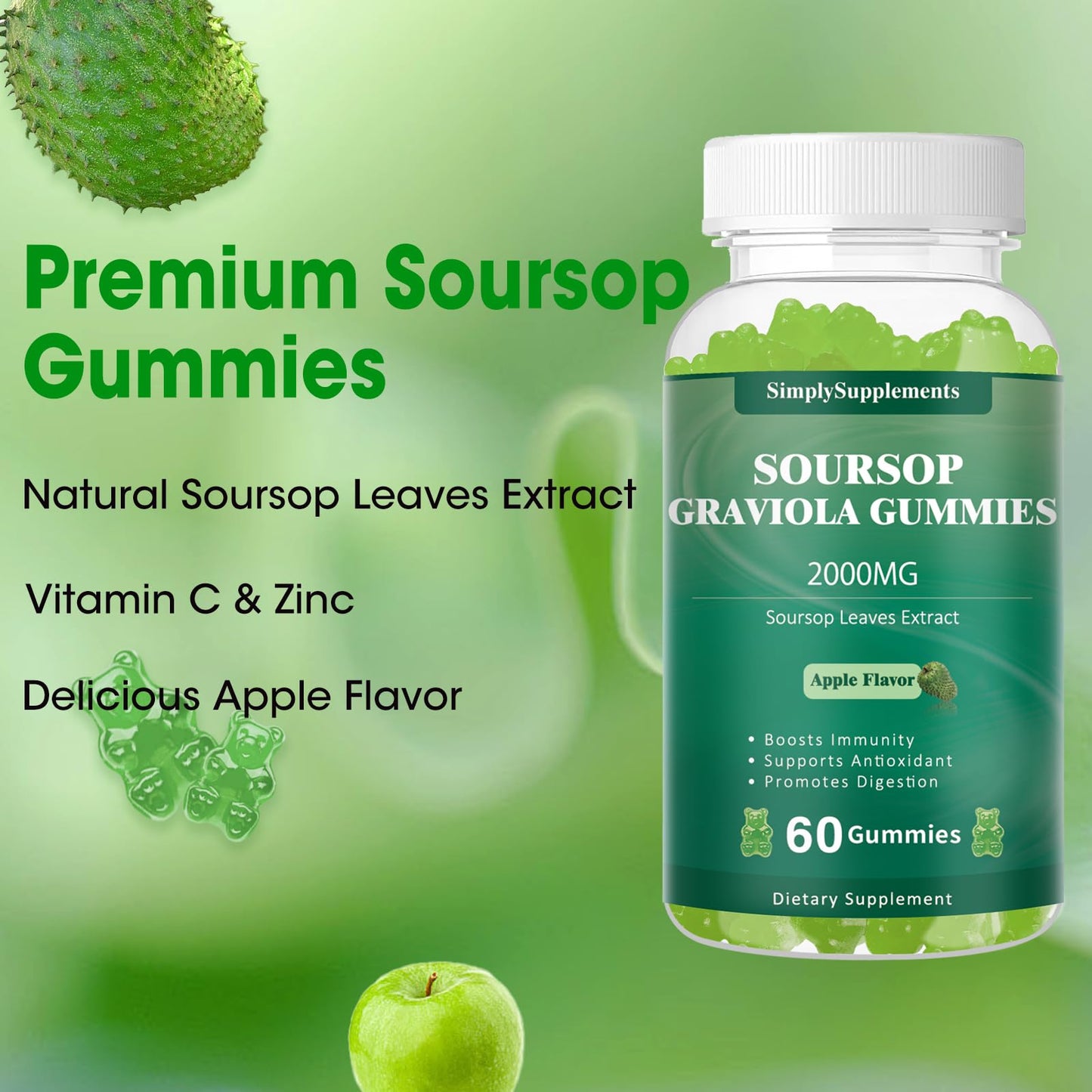 Soursop Graviola Gummies - Green Apple Flavor - 60 Gummies