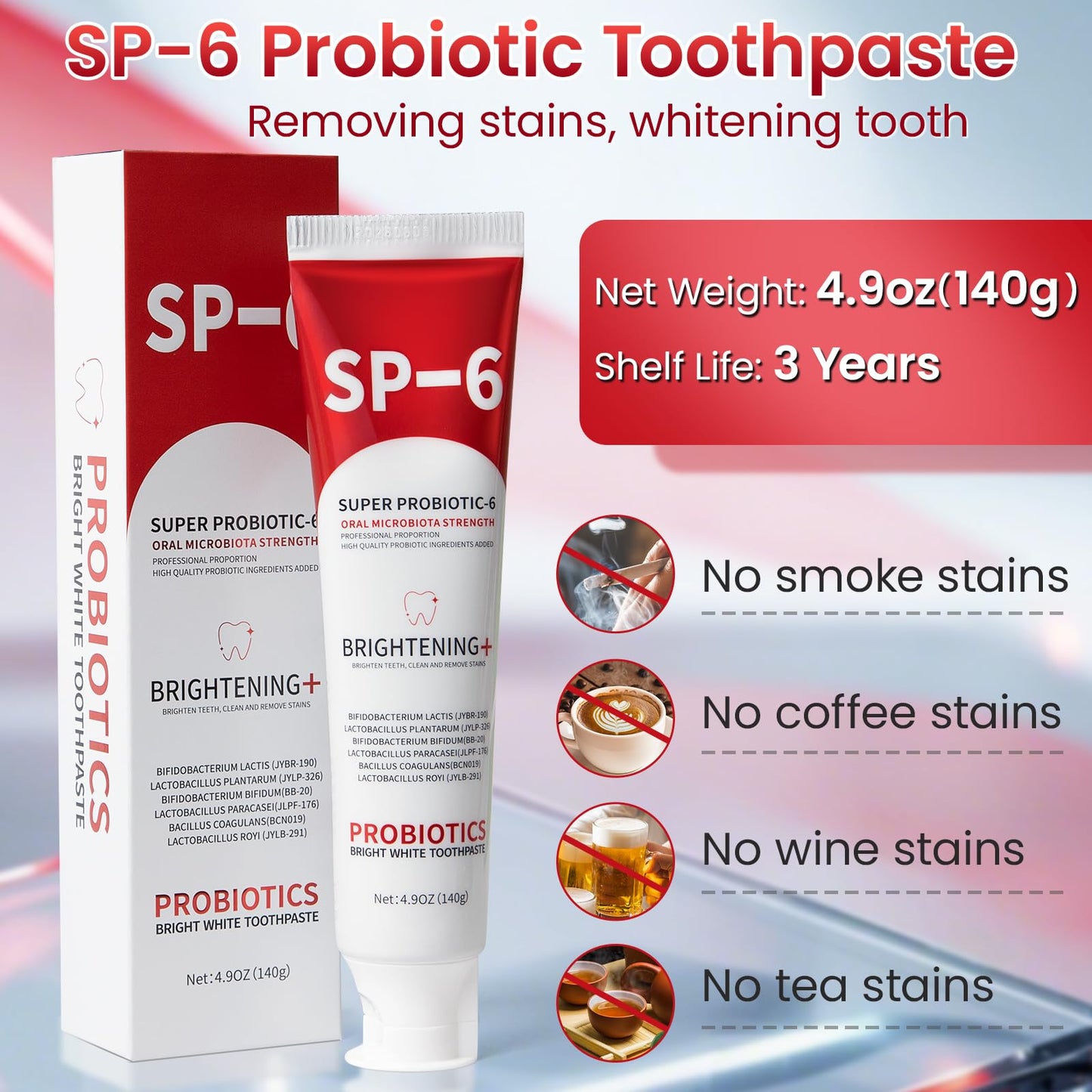 SP-6 Probiotic Whitening Toothpaste – 4.9oz, 3-Pack, Enamel-Safe, Fluoride-Free