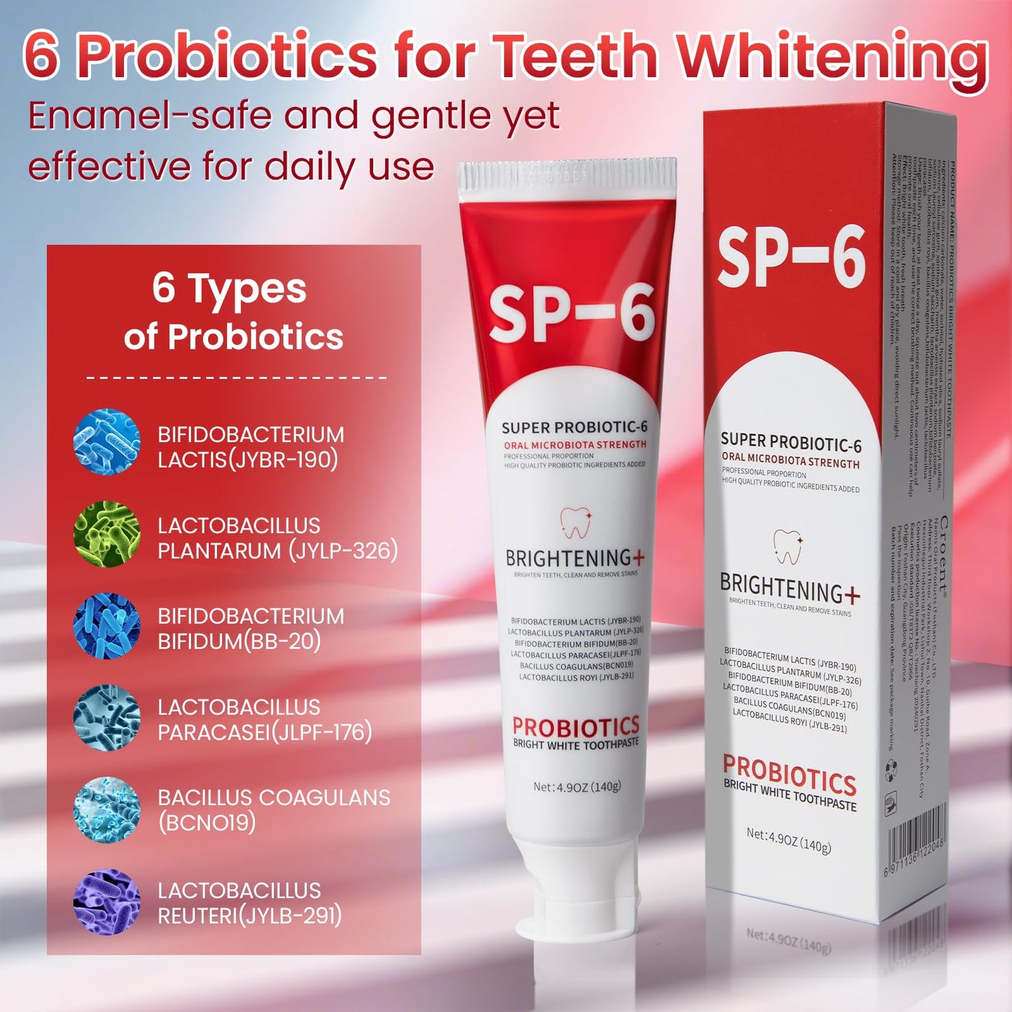 SP-6 Probiotic Whitening Toothpaste - 2 Pack, Fluoride-Free, Enamel-Safe Mint 4.9oz