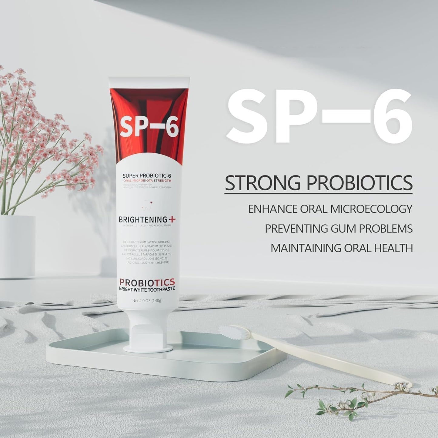 SP-6 Probiotic Whitening Toothpaste - 2-Pack, 4.9 oz Each | 6 Probiotics, Enamel Protection, Fluoride-Free, Fresh Mint