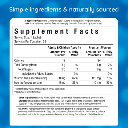 Spatone Natural Liquid Iron + Vitamin C (Apple) - 28-Day - 5mg per 20mL Sachet | Vegan