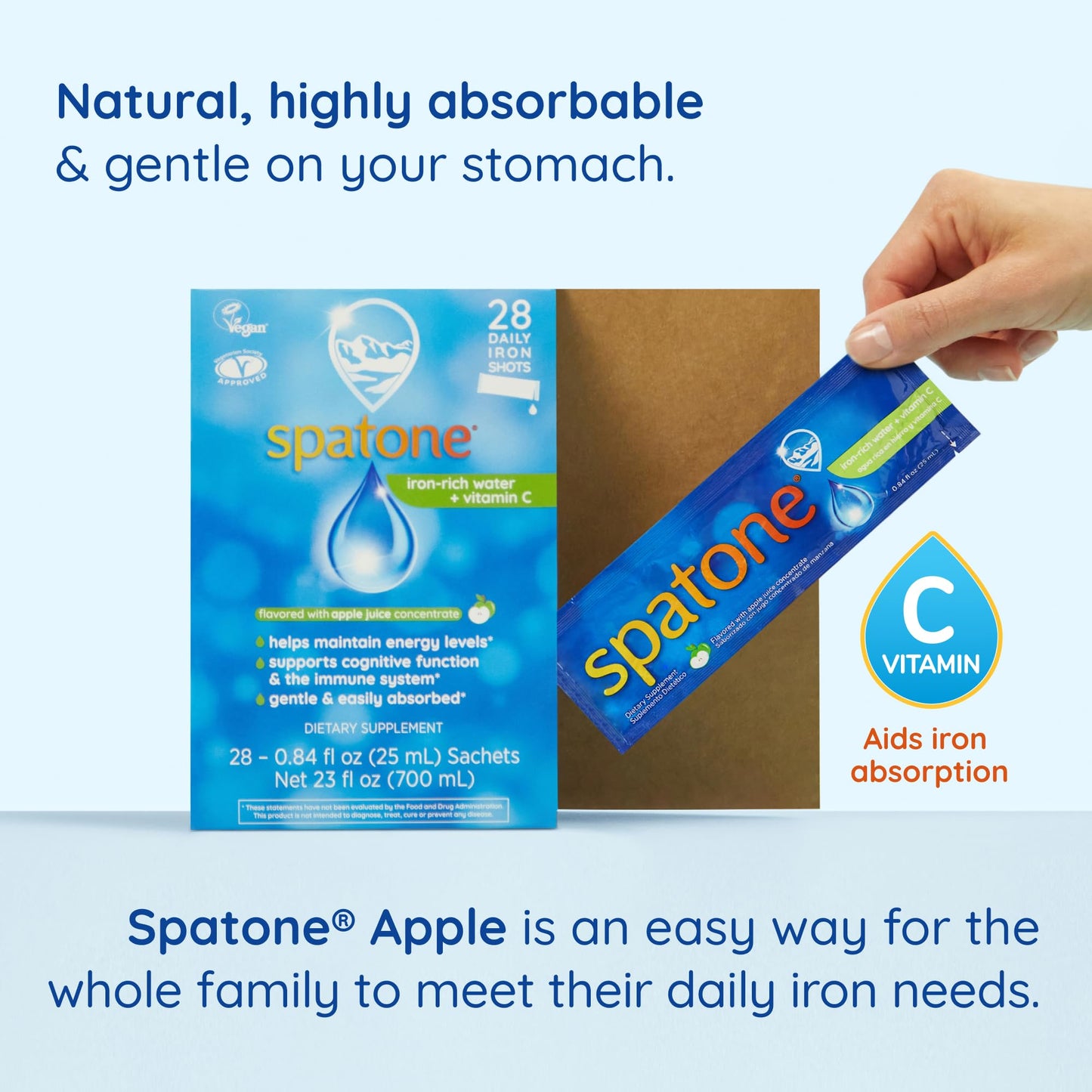 Spatone Natural Liquid Iron + Vitamin C (Apple) - 28-Day - 5mg per 20mL Sachet | Vegan