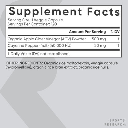 Sports Research Apple Cider Vinegar with Cayenne Pepper - Organic Fermented Apple Cider, Non-GMO Project Verified & Vegan (120 Veggie Capsules)