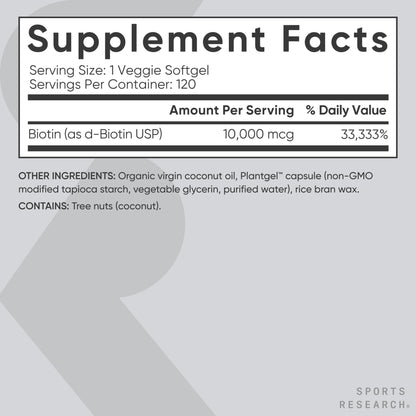 Sports Research Biotin 10,000mcg with Organic Coconut Oil – Vegan, Non-GMO, Gluten & Soy-Free – 120 Veggie Softgels