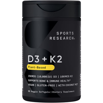 Sports Research Vitamin D3 + K2 | 10,000 IU Plant-Based D3 + 100 mcg MK-7, 60ct