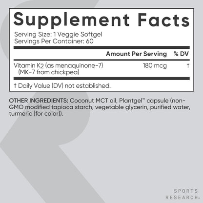 Vitamin K2 MK7 180mcg with Coconut Oil – 60 Veggie Softgels | Sports Research